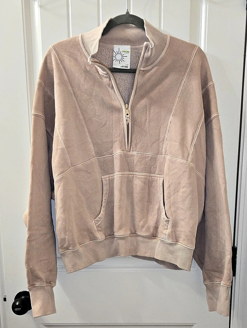 Offline by Aerie Cloud Quarter-Zip Pullover in Tan Size Large Cropped Oversized